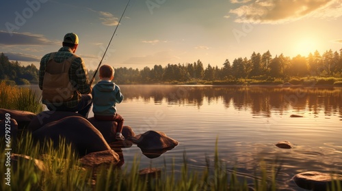 A tranquil fishing journey between father and child