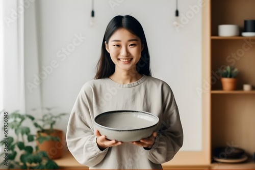 お皿を 持っている日本人女性