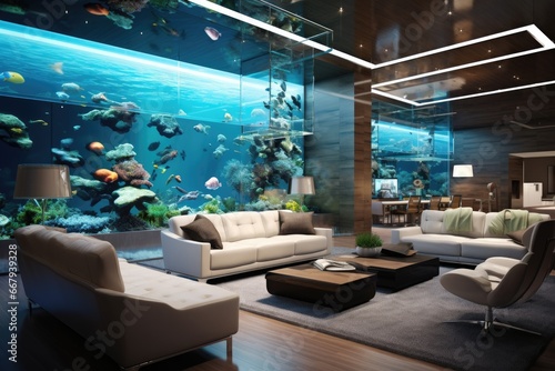 Modern office lounge with an aquarium for relaxation and ambiance.