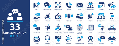 Communication icon set. Containing speak, phone, mail, contact, chat, website, satellite, radio, antenna, message and more. Solid icons collection, vector illustration.