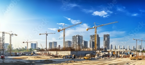Building construction sites development and tower cranes. Generative AI technology.
