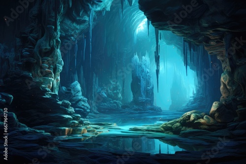 Fantasy alien cave. 3D rendering. Computer digital drawing, mesmerizing underwater cave system full of stunning stalactite formations, bioluminescent creatures, and hidden chambers, AI Generated
