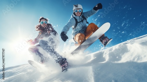 Happy young couple in love skiing and snowboarding