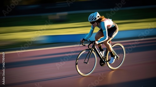 Beautiful young woman in sportswear cycling on the track.