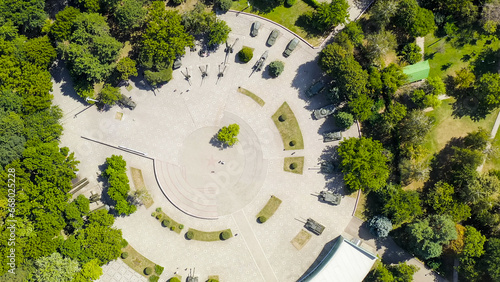 Krasnodar, Russia - August 29, 2020: Museum of Military Equipment Weapons of Victory in the Park of Culture and Rest named after the 30th Anniversary of Victory, Aerial View