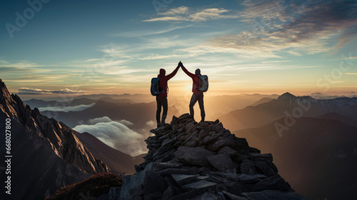 At the pinnacle a duo of mountain climbers give a triumphant high-five