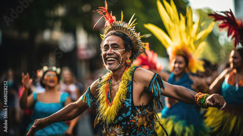 An exuberant cultural parade led by friends in vibrant traditional attire representing European Indigenous South Pacific and South American cultures.