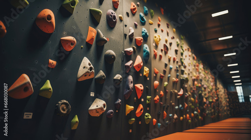 Detailed view of climbing holds affixed to wall in climbing gym.