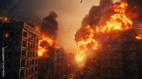 City Under Siege: Fiery Aftermath of an Airstrike, Homes Engulfed, Telling a Haunting Tale of Destruction and Loss in Urban Heartlands.