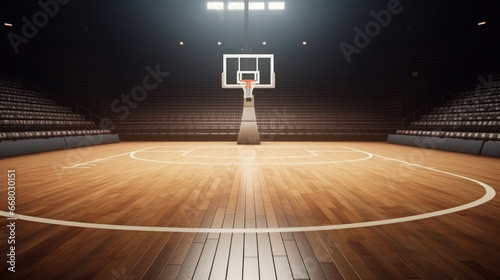 Stage of Champions: A Basketball Court, Featuring a Resilient Hoop, Wooden Parquet Flooring, and Stands Awaiting the Roar, Ready for Team Unity & Triumph.
