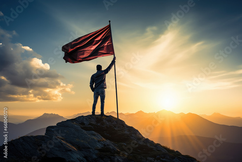 Businessman holding a flag on top of hill