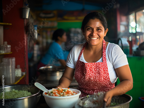 A smiling Hispanic woman making different street food on a selling market 