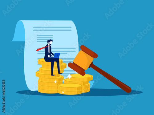 Pay fees or fines online. Businessman sitting on notification slip with legal hammer on pile of coins. vector