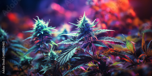 leaves of flowering cannabis marijuana bushes with buds on bright hallucinogenic neon psychedelic background