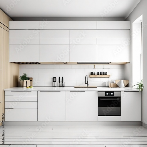 Modern white kitchen interior with furniture,kitchen interior with white wall, Generative AI