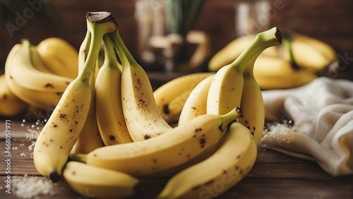 A still life of a kitchen table featuring yellow-green bananas