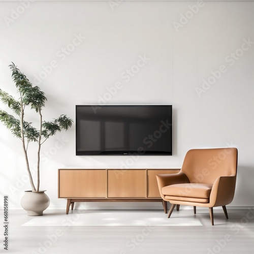Cabinet for TV on the white plaster wall in living room with armchair,minimal design, Generative AI