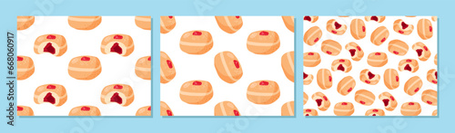 Seamless pattern set with Stuffed doughnut whole and bitten. Three pattern collection. Repeated cartoon flat vector illustration for wallpaper, wrapping. Pastry donut with jam. Sweet unhealthy food