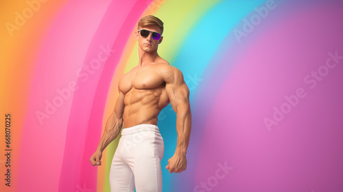  Young shirtless muscular man posing in front of rainbow background in gay concept shot