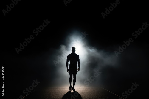 Silhouette of a basketball player walking against the background of smoke and sports spotlights.