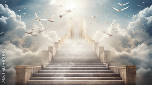 Stairs of clouds going up to the sky with light in the background and cross with white doves flying around