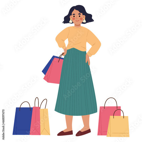 illustration of pretty woman and holding paper bags after shopping . Young woman holding shopping bags Black Friday flat design vector illustration EPS10