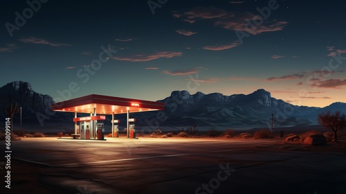 A lonely gas station in the middle of the desert