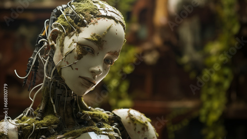 In the near future, an abandoned, rusty, moss-grown female android robot.