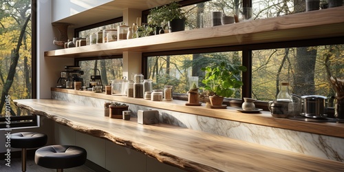 Cozy kitchen interior with quartz bar countertop and wooden shelves near window