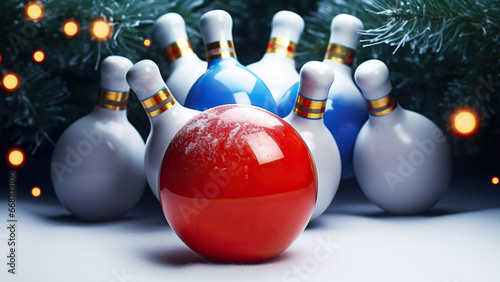 Bowling game in winter. Bowling, skittles and ball in Christmas style. 