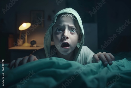 Scared child alone in bed. Panicked little boy with frightened terror face. Generate ai