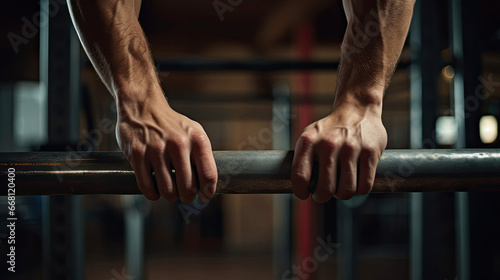 Upper body strength and control showcased on parallel bars for dips