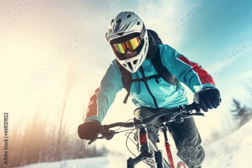 Cyclist practicing winter extreme sport. Man in warm winter sport equipment on bicycle. Generate ai