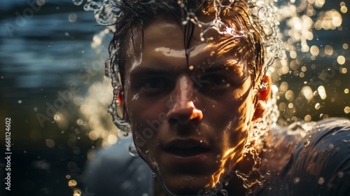 Close-up portrait of a professional swimmer in a swimming pool