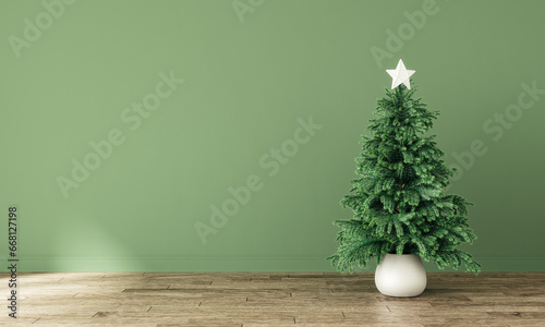 Interior with Christmas fir tree and empty green mockup wall background. 3D Rendering, 3D Illustration