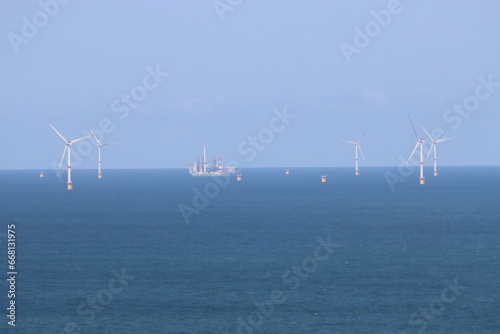 wind power station on the sea in Fecamp, France 