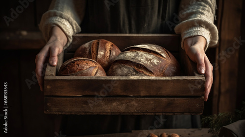 Woman holds fresh made sourdough bread in a wood crate