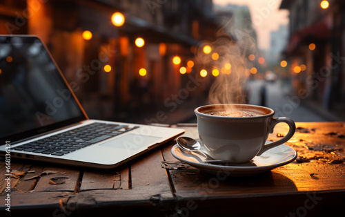filiżanka gorącej kawy na stoliku w kafejce obok laptopa.