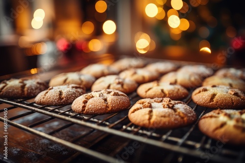 Baking Festive Cookies - Freshly baked Christmas cookies in various shapes cooling on a wire rack - Christmas Preparations - AI Generated