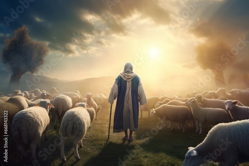 Shepherd guiding sheep. Man silhouette nature landscape. Generate Ai