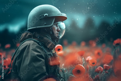 Soldier uniform in poppy field at morning. Works warrior army military guard. Generate Ai