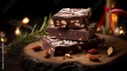 a stack of homemade chocolate pieces with almonds, Christmas treats