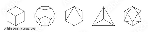 Set of vector linear platonic solids. Mathematical geometric shapes such as cube, tetrahedron, octahedron, dodecahedron, icosahedron. Icon, logo, button.