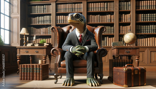 a wise turtle in business attire, seated in a leather armchair, surrounded by ancient tomes in a classic study