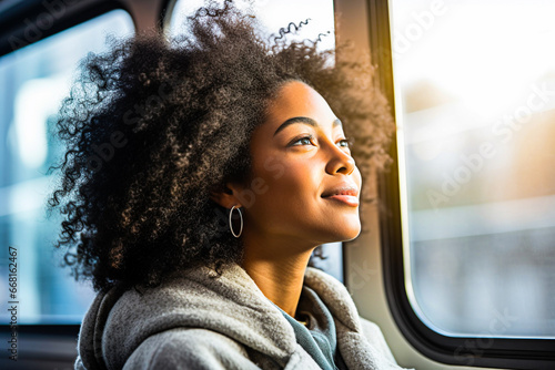 Jeune femme métis assis prés de la fenêtre dans un bus et souriant