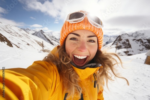 a happy cheerful young woman in warm winter clothes taking a selfie on a ski vacation on winter christmas holidays on a snowy mountain riding a snowboard, having much fun in the snowy terrain