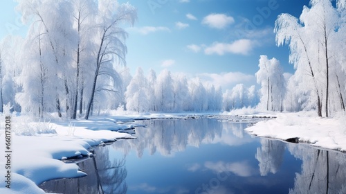 A peaceful winter landscape, with snow-covered trees and a frozen pond reflecting the clear blue sky.