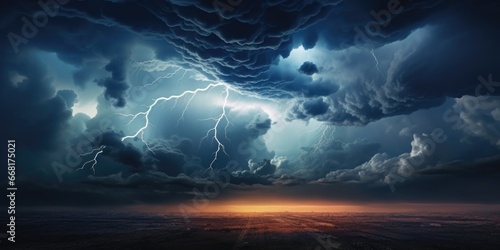 A powerful lightning storm illuminating the sky above a vast field.