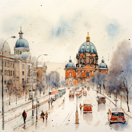 Watercolor painting style, outdoor street view to Alexanderplatz, Berliner Fernsehturm and Berlin Cathedral. 