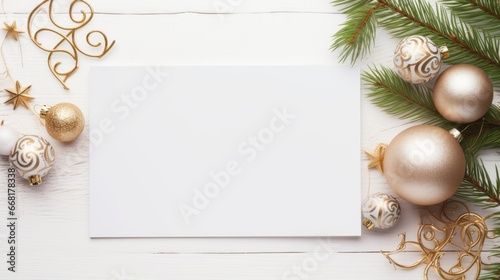 An empty postcard among the christmas decoration - golden fair-tree ornaments. top view flat lay copy space
